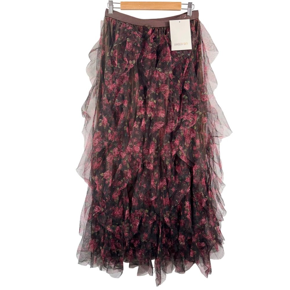 Amber Sky Maxi floral layered Tulle whimsigoth maxi skirt red black 90s‎ sz M